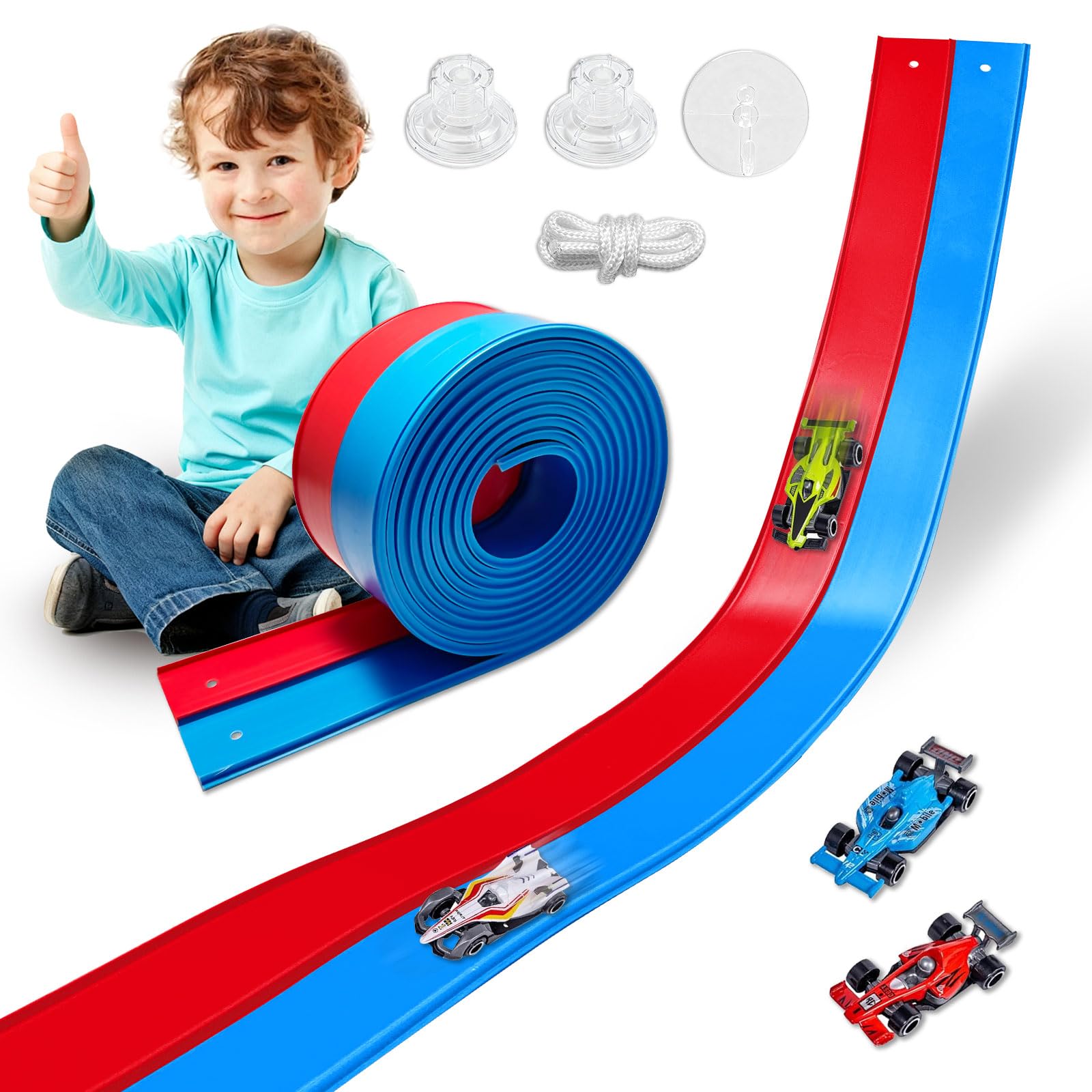 Flexible Race Track Toys for Kids 15 Ft with 4 Cars & Suction Cups, Portable Double Lane Racetrack Compatible with Hot Wheels & 1/64 Diecast Cars, Fun Car Ramp Track Set (Blue + Red, 15 Ft) — image 1