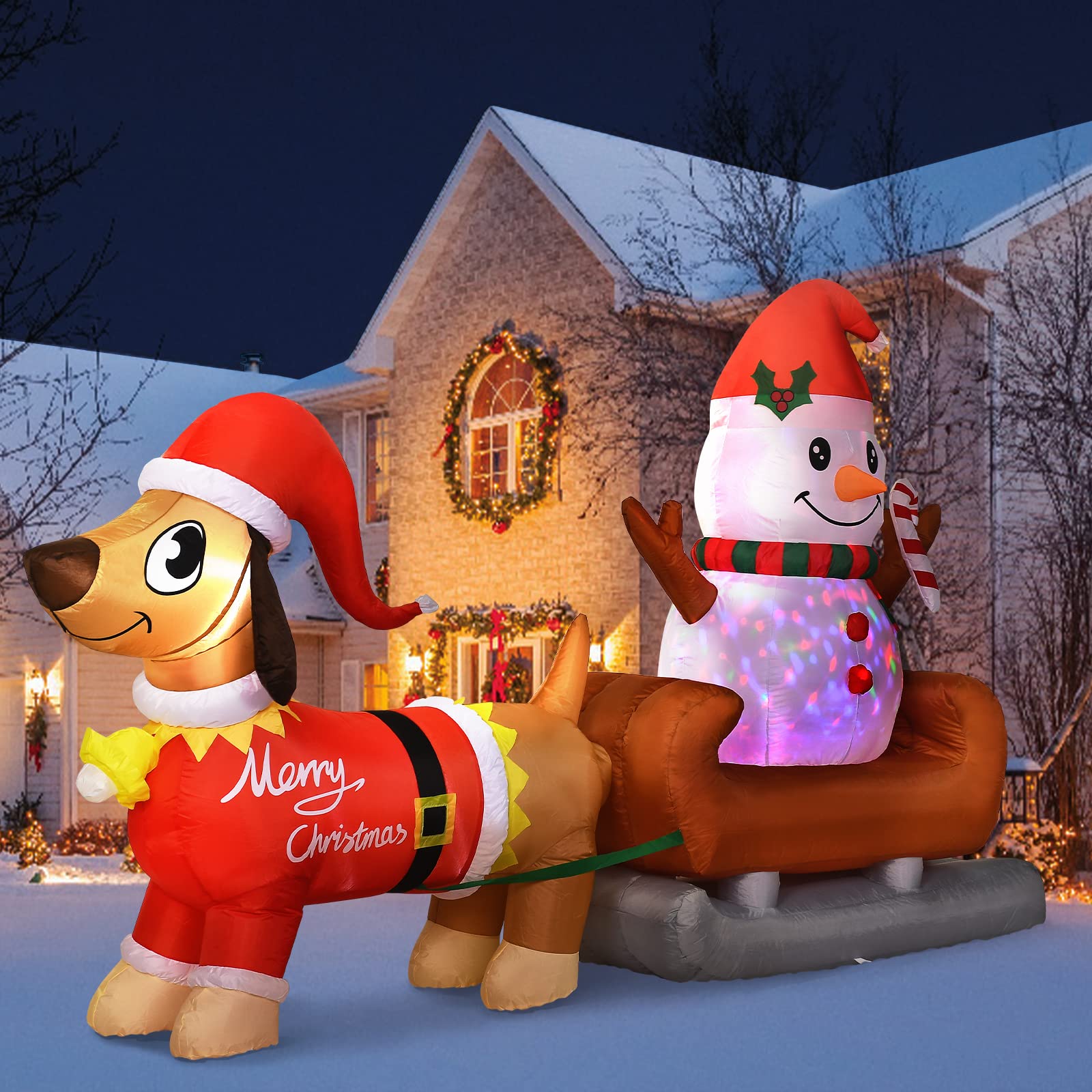 Photo 1 of 8 Ft Outdoor Inflatable Snowman Christmas Decoration with Rotating LED Lights, Dog Inflatable Xmas Yard Decor