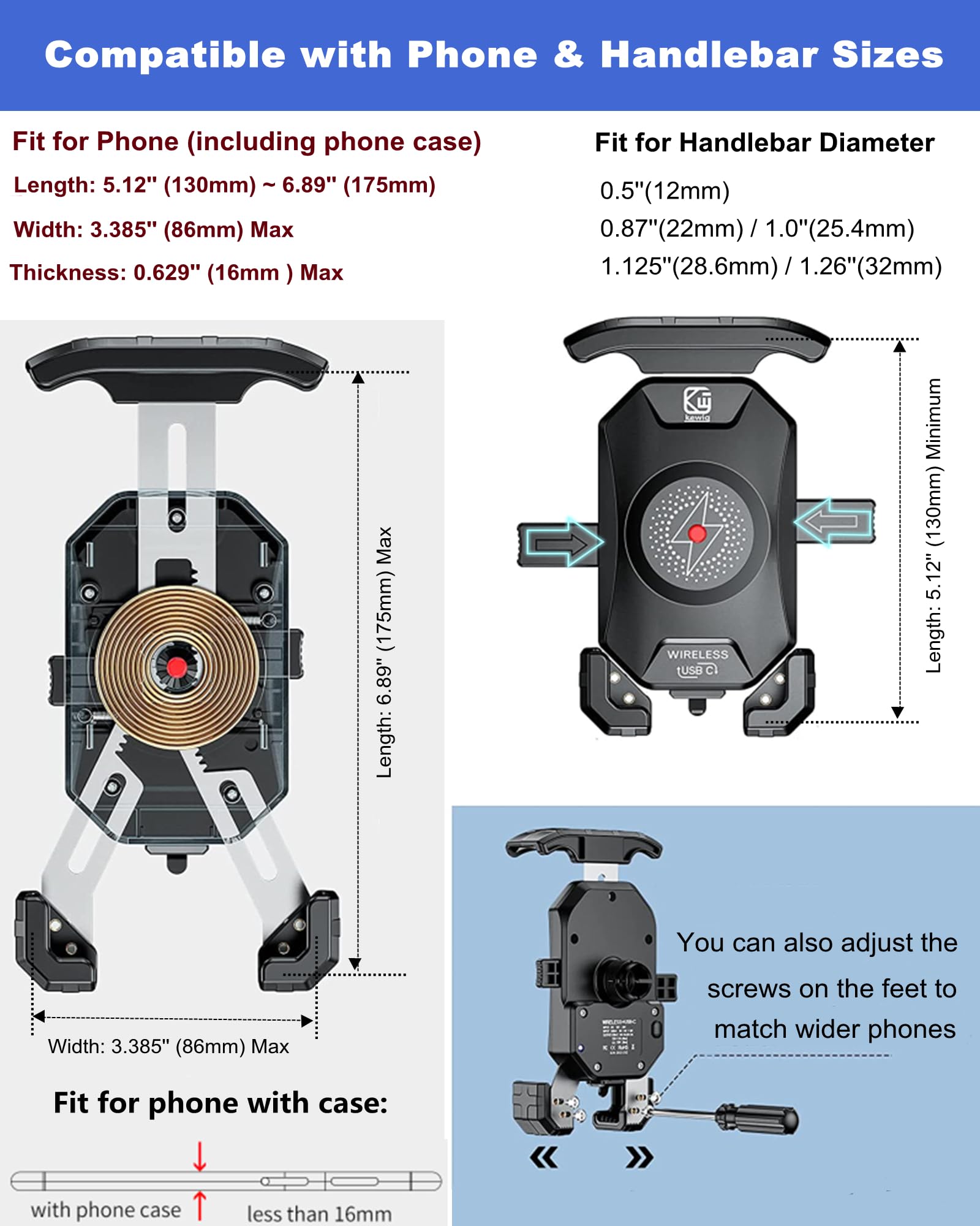 BRCOVAN Motorcycle Phone Mount Holder with Qi 15W Wireless Charger & PD/USB-C 20W Fast Charging Port, [1s Lock] Cellphone Cradle with Aluminum Alloy Handlebar Mounting Base for 4-7'' Smartphone