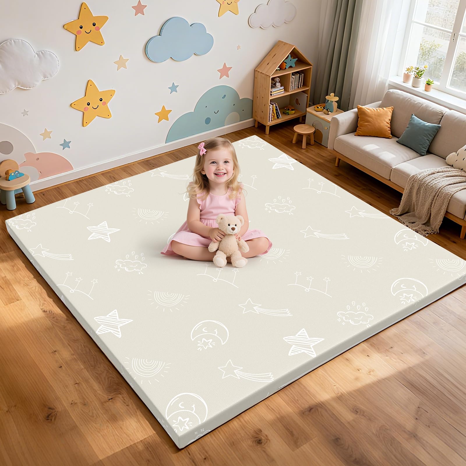 Photo 1 of 47x47 Baby Play Mat - Leather Waterproof Tummy Time mats for floor - 1.2" Extra Thick Foam Cushioned & Super Soft Babycare Playmat for Playpen Crawling- Padded Activity Gym for Kids Babies Toddlers