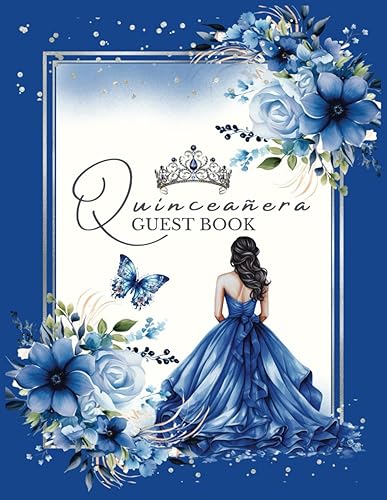 Quinceanera Guest Book Royal Blue and Silver, Elegant Floral Roses