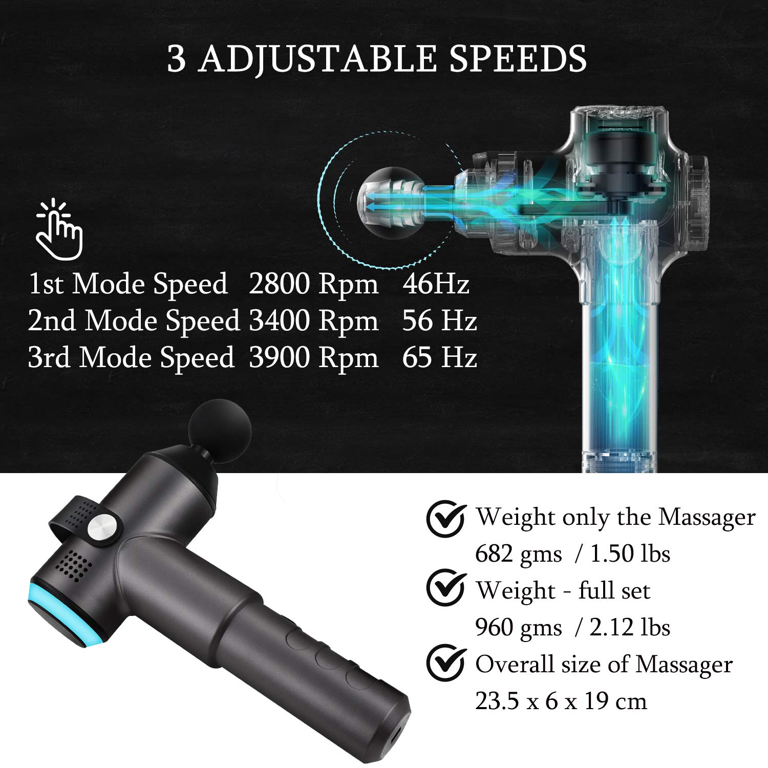 Padi Home Massage Gun Muscle Massager Massagegerät Handmassagegerät Kabelloses Wiederaufladbar mit 3 Massageköpfen, Körper Entspannen (Schwarz)