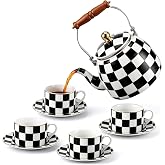 9 Pcs Checkered Teapot Set with Wooden Handle, Black and White Vintage | 2.8 Qt Enamel Teapot with 4 Ceramic Cups &amp; Saucers, Farmhouse Kitchen Decor, Elegant Coffee &amp; Tea Set, Gift, Dishwasher Safe