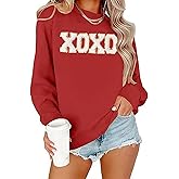 BINLANHANAT Valentine Sweatshirt Women Glitter XOXO Chenille Patch Pullover Top Novelty Valentine's Day Long Sleeve Gift Top