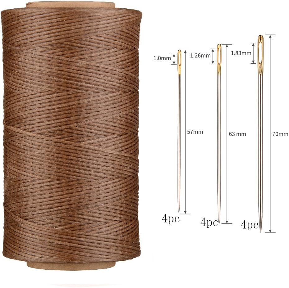 AntKits 284 Yards 150D 0.8mm Flat Leather Waxed Thread Cord and 12 pcs Stitching Needles with Big Pinhole for Leather Factory or Leathercraft DIY, Brown
