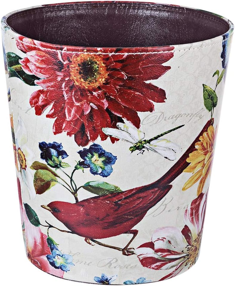 Xshion Wastebasket,Retro Decorative Trash Can Waterproof PU Leather Waste Paper Basket Kitchen Garbage Can Office Waste Bin Living Room Recycle Bin Bedroom Dustbin Waste Container - Red Bird