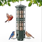 Squirrel Proof Bird Feeder for Outdoors, Gravity Spring Hanging Metal Bird Feeder, 3 Port, Chew-Proof & Weather Resistant, 3LB Large Capacity, Attract Wild Birds, Green