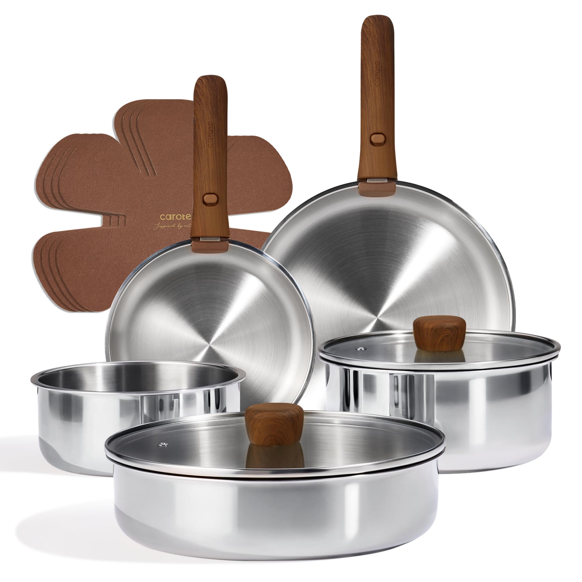 CAROTE 13 PCS Tri-Ply Stainless Steel Cookware Set with Detachable Handle, Pots and Pans Set, Induction Kitchen Cooking Sets, RV/Camping Cookware, Oven Safe Image