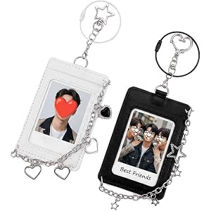 SHENLIU Photocard Holder Keychain, 2 Pcs Photo Card Holder with Heart Star Chain, PU Leather Hard Protective Card Case(Black