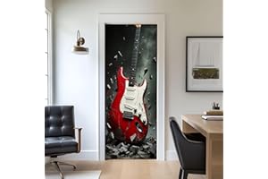Door Stickers Peel and Stick Door Decal Red Electric Guitar Shattering Rocks Cracked Design Removable Mural Wallpaper 30.3''x