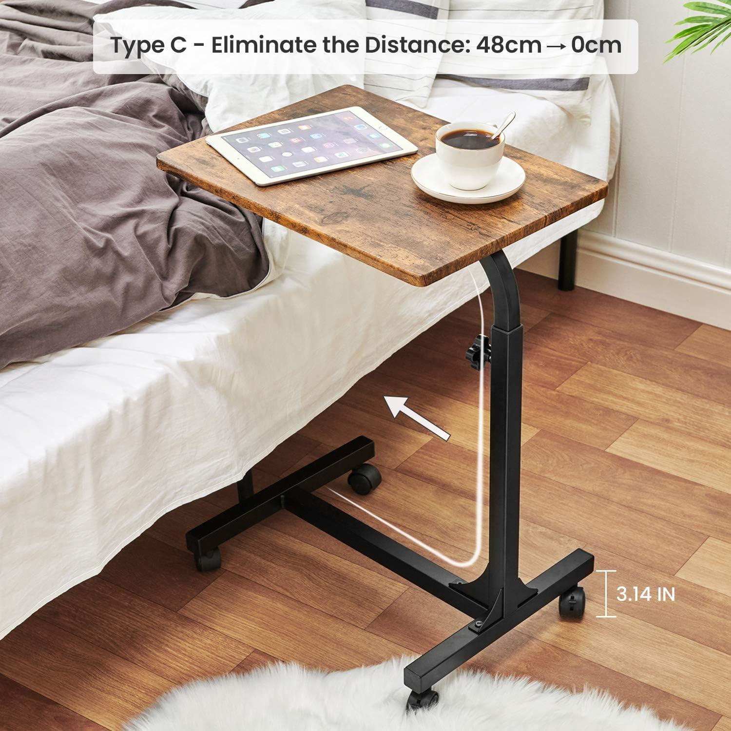 Coavas Over Bed Table C Side Rolling Table with Lockable Wheels Medical Portable Notebook Laptop Desk 3 Adjustment Levels TV Tray Table for Eating Breakfast, Walnut (18.9 x 14.6 x 26.4-31.1 inch): Kitchen & Dining