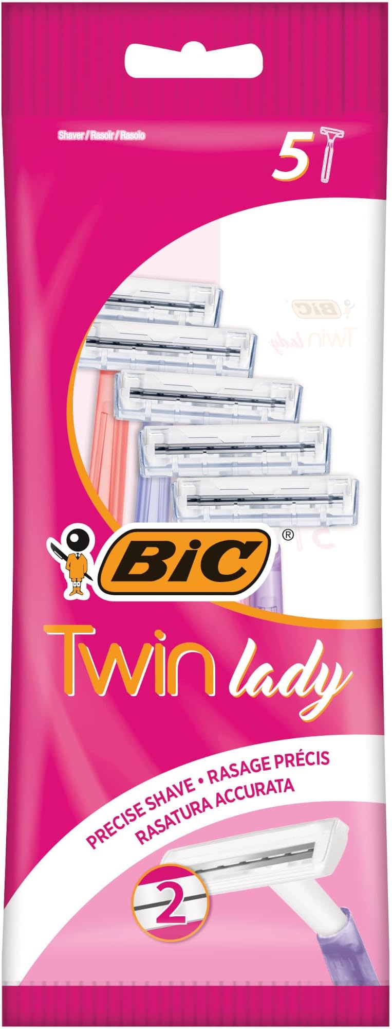 BIC Twin Lady Pouch 5 Razor - Twin Stainless Blades, Fixed Head, 5 Pastel Colors