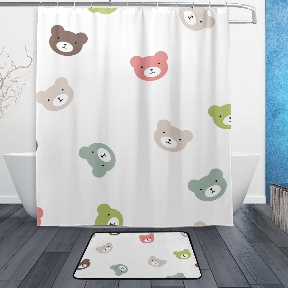 Amazon シャワーカーテン お風呂カーテン カーテンリング付属 防水 防カビ クマ柄 可愛い 白背景 オシャレ 目隠し用 間仕切り 浴室 洗面所 取付簡単 152 1cm シャワーカーテン ホーム キッチン オンライン通販