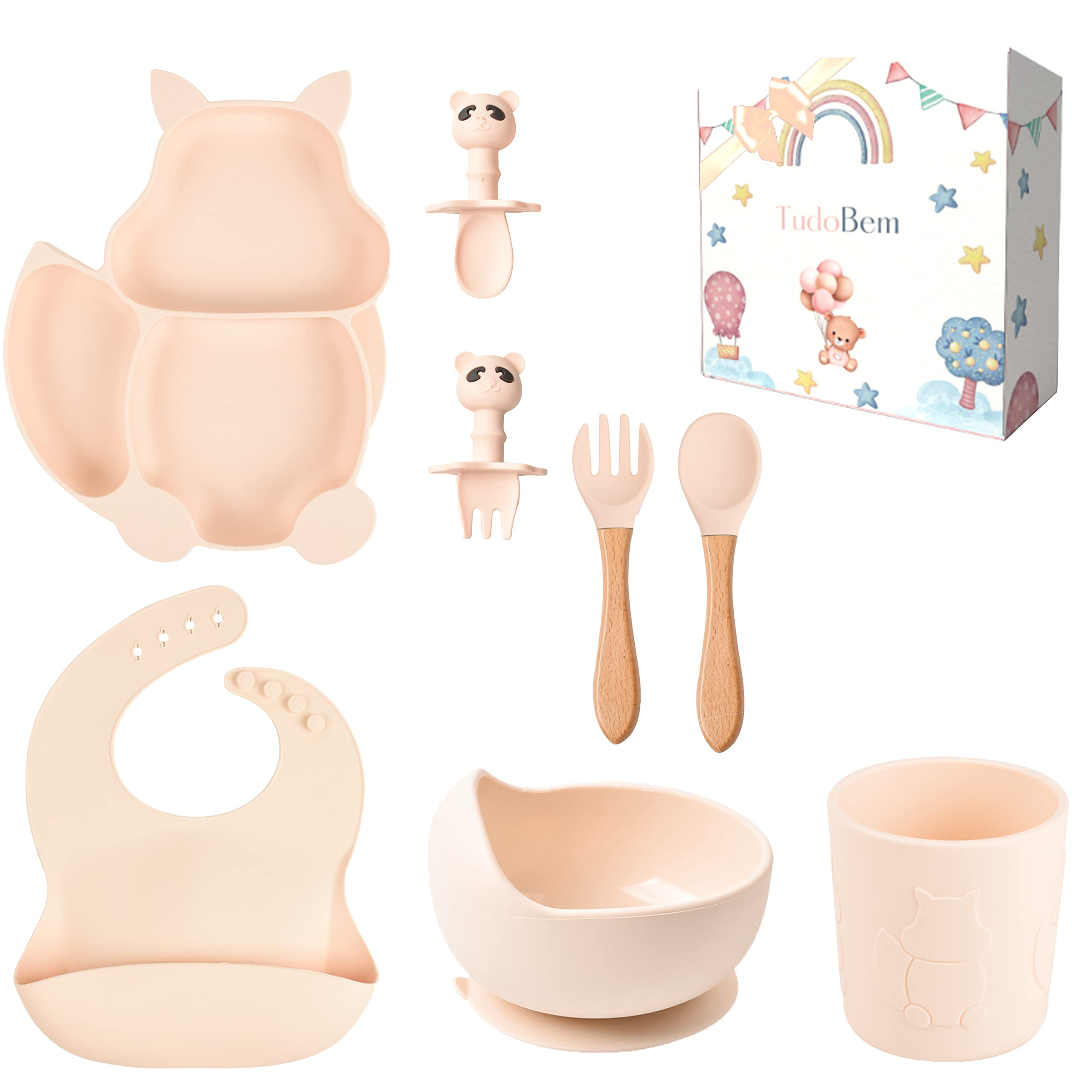 TudoBem Silicone Baby Weaning Set [8 Pieces] – Baby Feeding Set with Suction Plate, Weaning Bib, Baby Bowls, Baby Spoons & Forks, Training Cup – Perfect Newborn Baby Gift & Baby Essentials