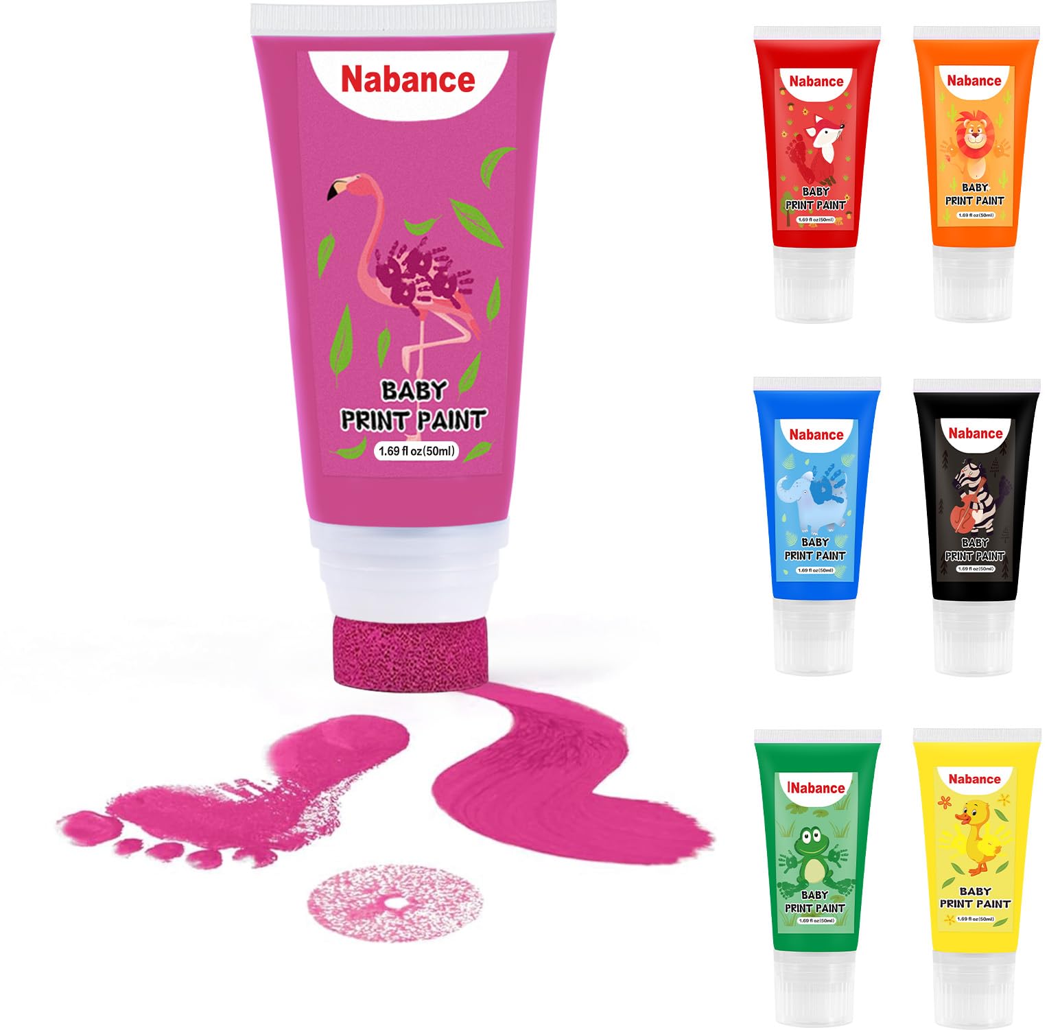 Nabance Baby Safe Paint for Handprints Non Toxic &Acid-Free, Baby Paint for Hands and Feet with Sponge Attachment for Easy Colour Application Dog Paw Print Kit Easy to Wash Off 50ml/Tube (Pink)