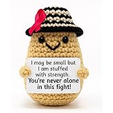 M.O.Q. Cancer Awareness Crochet Doll with Ribbon, Breast Cancer, Chemo, Inspirational Stocking Stuffer Gift for Women Her Mom Friend Coworker Positive Get Well Soon Handmade