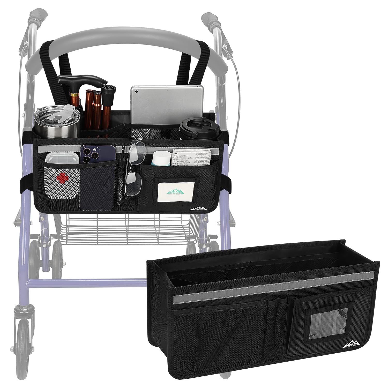 supregear Rollator Basket, Rollator Walker Bag w/Cup Holder, Foldable Rolling Walker Waterproof Storage Pouch with Big Capacity and Never Tipping Over, Easy to Use Accessories for Seniors
