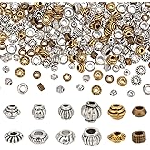 SUNNYCLUE 1 Box 240Pcs 12 Styles Tibetan Spacer Beads Silver Alloy Beads Bulk Antique Gold Cyan Round Flat Rondelle Loose Spacers for Bracelets Earrings Necklaces Keychain Jewelry Making Adults