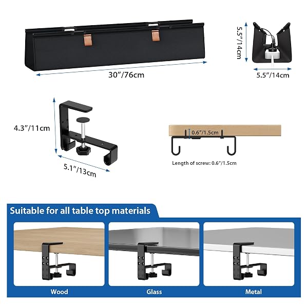 ZILINK NO DRILL UNDER DESK CABLE MANAGEMENT TRAY 30″ CORD ORGANIZER FOR TABLE CLAMP/SCREW MOUNT DESK CABLE MANAGEMENT STURDY WATERPROOF FABRIC CORD HIDERS FOR OFFICE, HOME