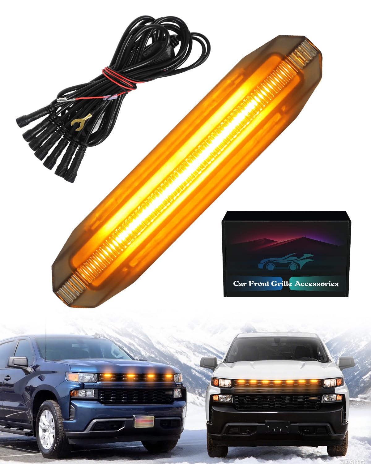 Photo 1 of OKLSG Front Bumper LED Grill Light for 2019 2020 2021 Chevrolet Silverado 1500 Raptor Marker Lights fit WT Custom OEM Grille Accessories (Amber Lights, 4)