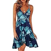 ULTRANICE Womens Summer Dresses Floral V Neck Ruffled Hem Spaghetti Spring Casual Beach Outfits Flowy Wrap Sun Dress