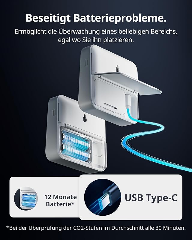 CO2-Melder, CO2 Messgerät mit Thermometer Hygrometer Innen, Luftqualität Messgerät mit CO2-Alarm, Bluetooth CO2 Sensor mit APP, 2 Jahre Datenspeicher, Hub erforderlich