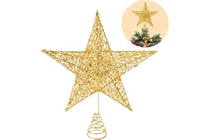 HOSLIPOPER Christmas Tree Topper, 10 Inches Gold Glitter Christmas Tree Ornaments Metal Hollow Star for Christmas Tree Home Decoration