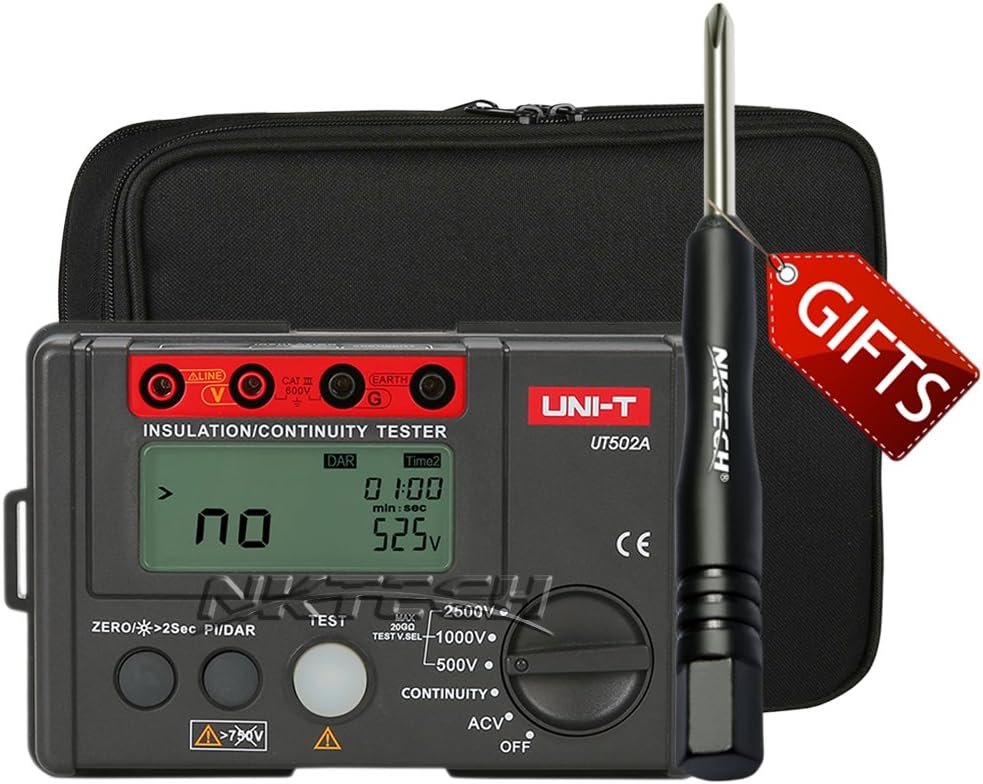 NKTECH UNI-T UT502A PI/DAR LCD Backlit Insulation Resistance Meter Auto Range Ground Tester Megohmmeter Voltmeter With Test Voltage 500V/1000V/2500V + TL-1 Screwdriver