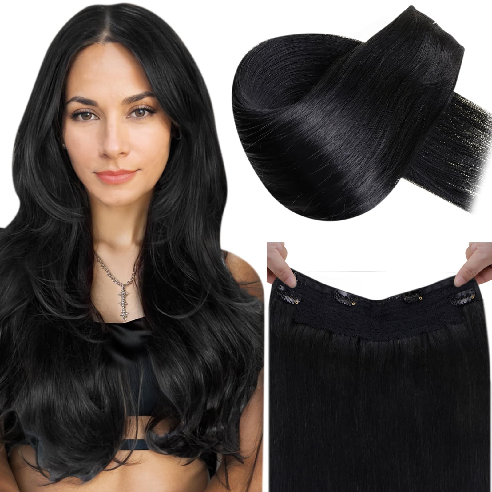 LaaVoo Human Hair Extensions Natural Black Real Remy Hair Invisible Wire Undetectable 100% Real Straight Hair Extensions Long-Lasting 80g 16 Inch #1 — image 1