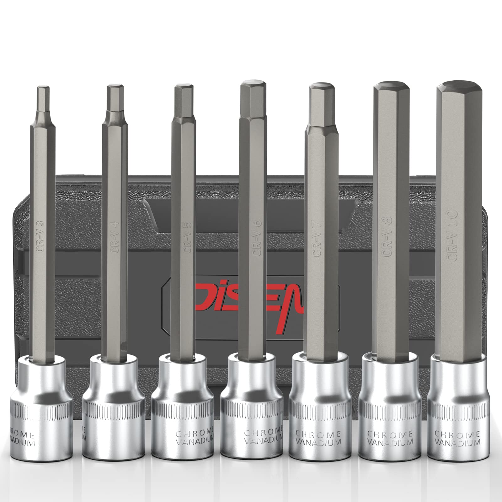 Photo 1 of Disen 7 Piece 3/8" Drive Extra Long Allen Wrench Hex Bit Socket Set with Portable Storage Case, Hex Head in Metric Size: 3-10mm, Chrome Vanadium Steel & S2 Alloy Steel