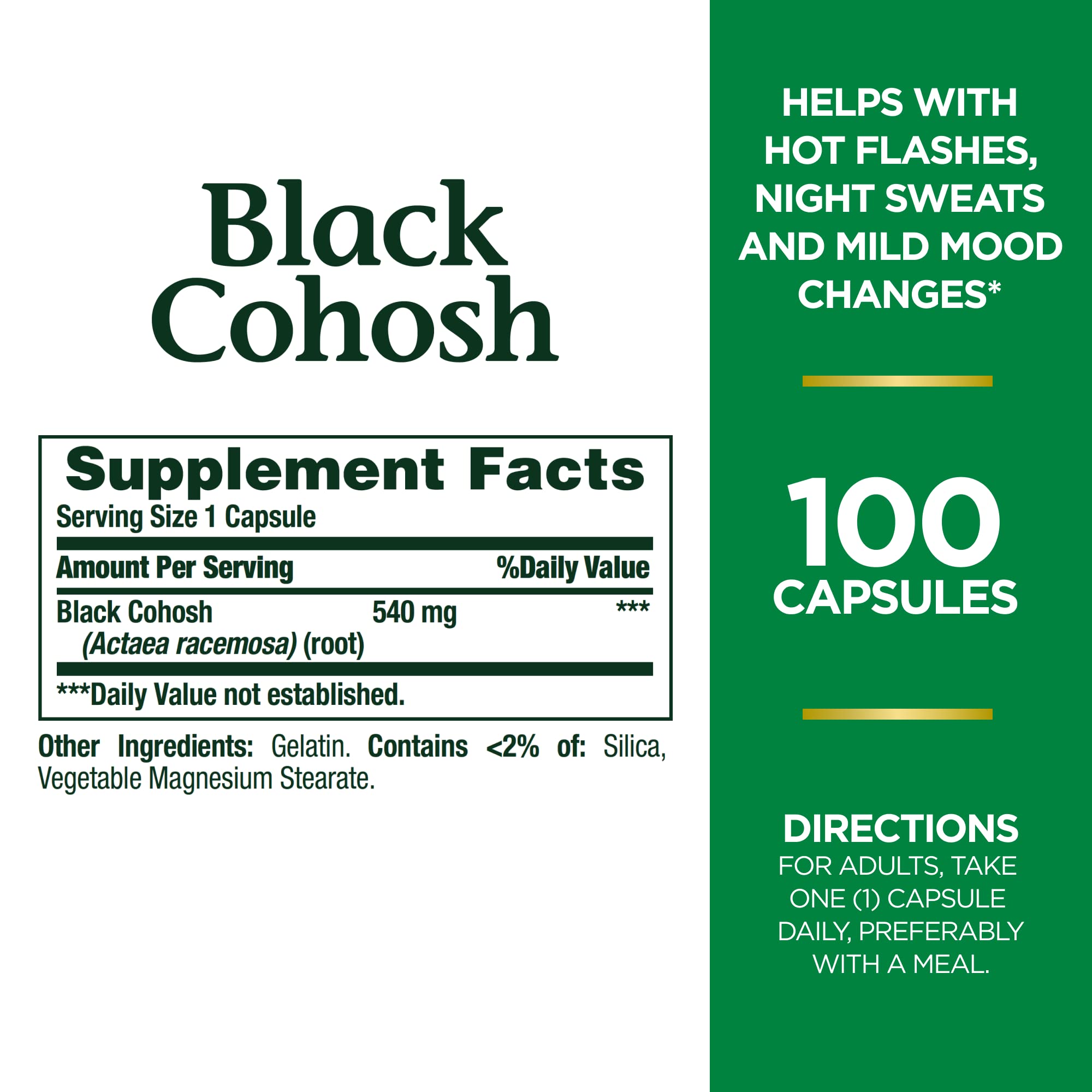 Nature's Bounty Black Cohosh Root Pills and Herbal Health Supplement, Natural Menopausal Support, 540 mg, 100 Capsules