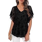Furnex Blouses for Women Dressy Casual,Double Layers Mesh Elegant Summer Blouses,Short Sleeve V Neck Women's Tunic Tops
