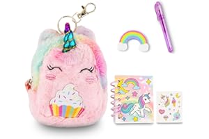 VOTUM Unicorn Keychain Charm for Backpacks, Purses, Handbags, Car Keys with Stationery Set - Includes Mini Notebook, Gel Pen, Eraser, Stickers - Portable & Fun Gift for Tweens Ages 8+