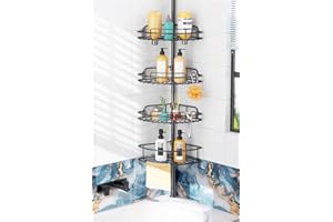 HAMITOR Shower Caddy Tension Pole: 4-Tier Rustproof Bathroom Corner Shelf Organizer for Renters - No Drill Large Shampoo Storage Rack - Adjustable 47-121 Inch - Space Saving Bathtub Accessory - Black