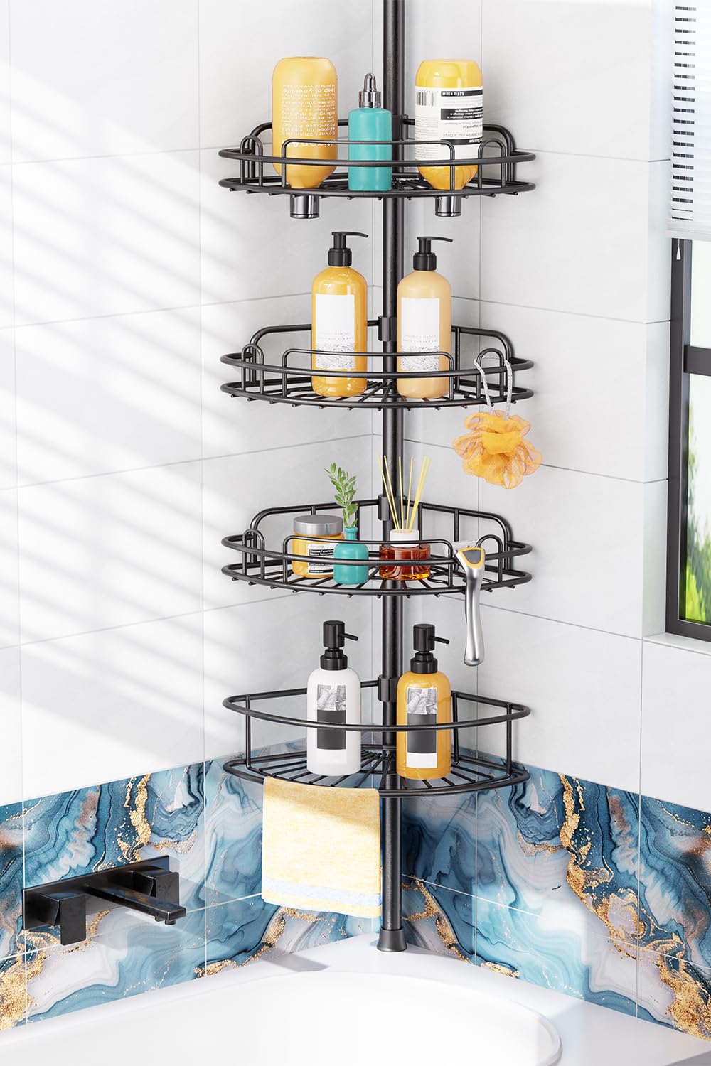 Photo 1 of HAMITOR Shower Caddy Tension Pole: 4-Tier Rustproof Bathroom Corner Shelf Organizer for Renters - No Drill Large Shampoo Storage Rack - Adjustable 47-121 Inch - Space Saving Bathtub Accessory - Black