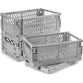 HOYA PONYOO 4 Pcs Collapsible Storage Crates, 10x6.5x4 inches Space-Saving Folding Containers, Stackable Plastic Boxes for Home Kitchen Office Bedroom Bathroom, Light Gray, Medium