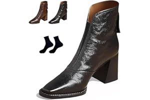 Womens Square Toe Ankle Boots, Spring Fall PU Leather Chunky Heel Dress Boots, Comfortable Block Heel Short Booties with Back