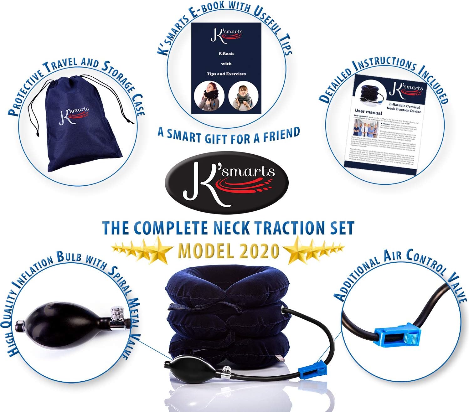 Pinched Nerve Neck Stretcher Cervical Traction Device for Home Pain Treatment | Inflatable Spinal Decompression Collar Unit Muscle Strain Injury Relief | Herniated Disc Problems Remedy Kit (Blue): Home & Kitchen