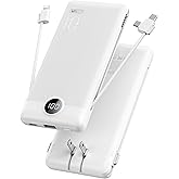 VRURC Portable Charger with Cables and Wall Plug | Power Bank with Cords | 10000mAh Portable Charger with AC Plug | External Battery Pack (Pure White)