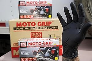 CHAOS Moto Grip Black Nitrile Gloves 5mil Latex-Free, Powder-Free, Micro-Textured for Repair, Cleaning, Painting, Chemical (1 box/100 gloves), Large