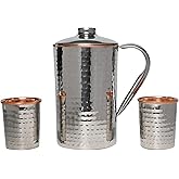 Stainless Steel and Pure Copper Water Pitcher with 2 Matching Tumblers for Ayurveda Health Benefits (57.48 fl. Oz.) (Hammered Pattern)