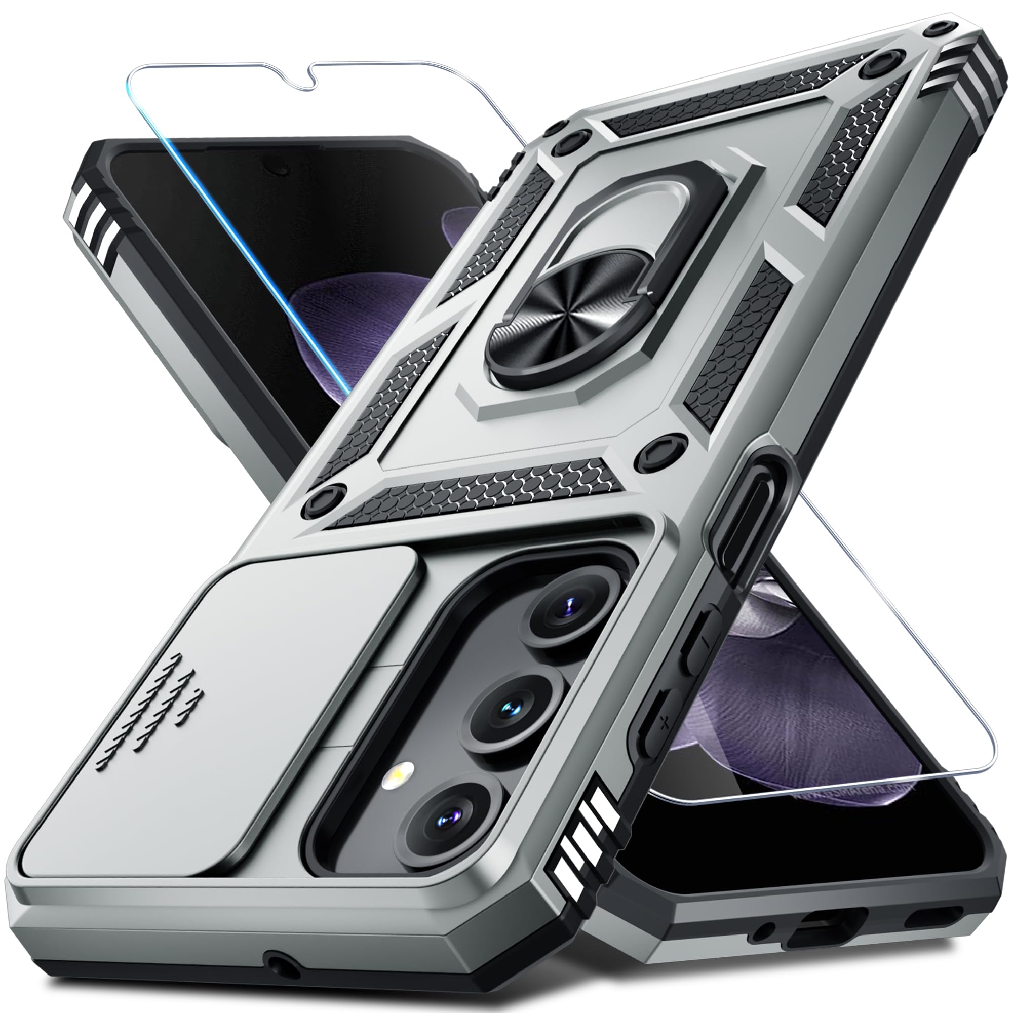 Janmitta Compatible with Samsung Galaxy A16 5G/4G Case Built in Slide Camera Lens Cover+Screen Protector+Finger Ring Holder Kickstand,Heavy Duty Shockproof Full Body Phone Cover,2025 Silver