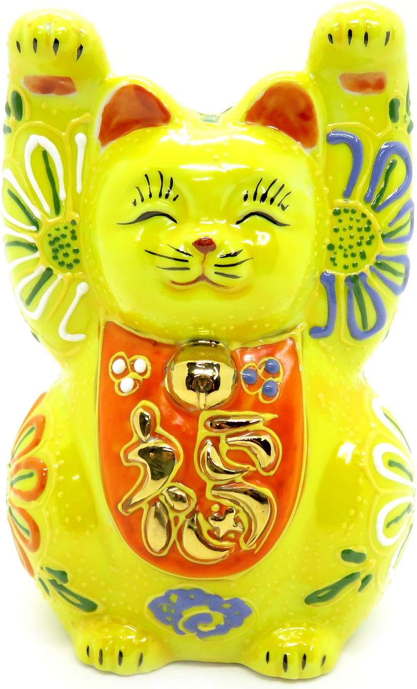 Ambas manos del gato de la suerte japonés Kutani gato de cerámica
