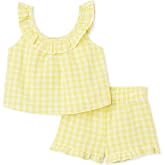Amazon Essentials x Sofia Grainge Toddlers and Baby Girls' Cotton Linen Sleeveless Top &amp; Shorts Set with Ruffles