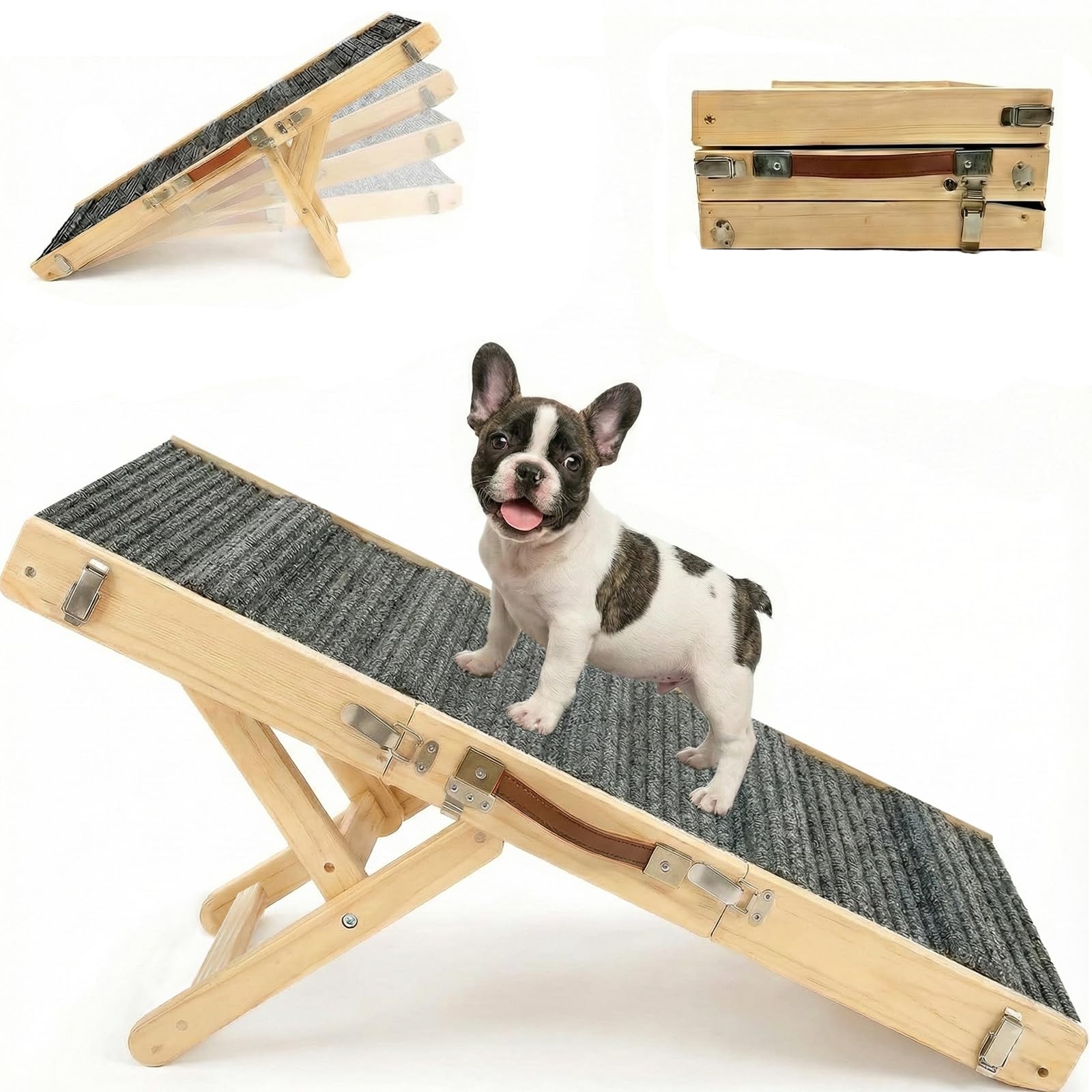 Photo 1 of Wooden Dog Ramp for Couch, Foldable Small Dog Ramp for Bed Sofa, 4 Adjustable Height Pet Ramp from 13" to 21", Portable Stable Pet Steps with Non-Slip Pad, Puppy Ramps Use for Couch Sofa Bed