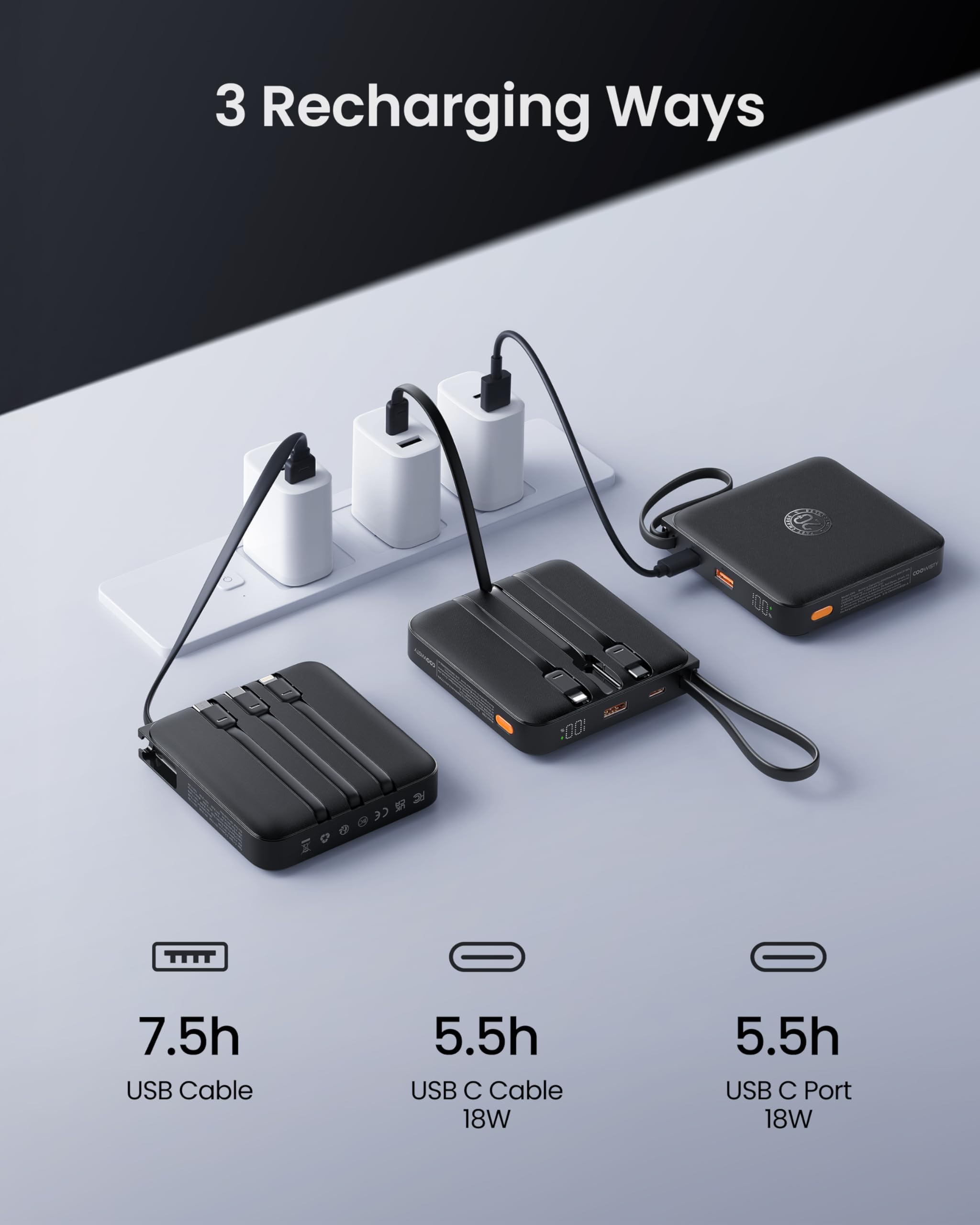 Coowisty Powerbank 22,5W Power Bank mit Kabel 20000mAh USB-C Schnellladung Klein Externe Handyakkus & LED-Display Mini Tragbares Ladegerät Kompatibel mit iPhone 17 16 15 Xiaomi Samsung iPad (Schwarz) 6
