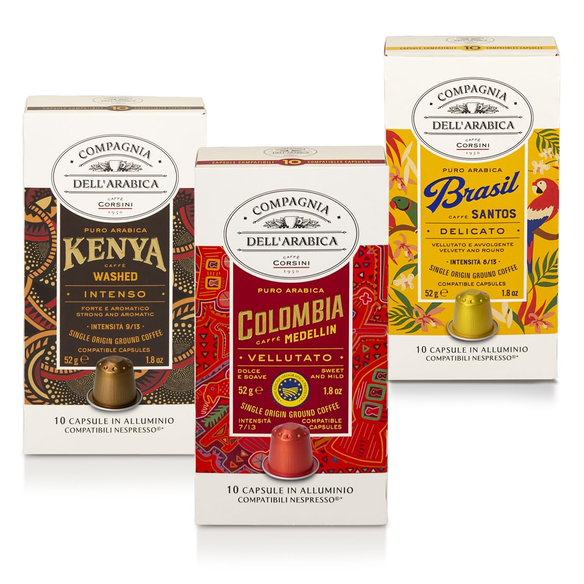Caffè Corsini - Set Capsule Caffè Compatibili con macchine Nespresso® Aromi Avvolgenti Sapori Vellutati, 100% Arabica, Kenia, Brasile, Colombia, 3 Confezioni da 10 (Totale 30 Capsule)
