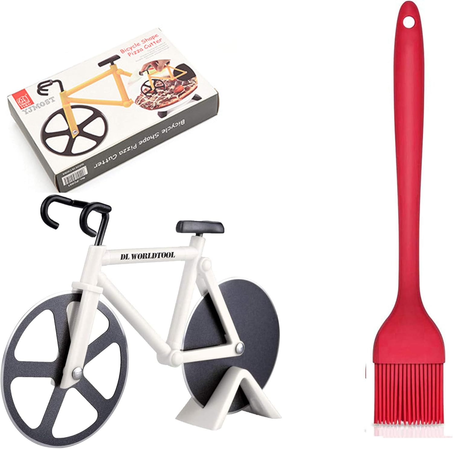 Bicycle Pizza Cutter with BBQ Brush,Non-stick Bike Pizza Slicer, Wheels Dual Stainless Steel Blades for Home, Cool Kitchen Gadget for Pizza Lovers