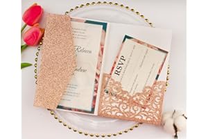 LUCKY STAR 25pcs 5"x7.28" Rose Gold Glitter Vine Tri Fold Pocketfold Wedding Invitations Cards pocket Pearl Paper Laser Cut Hollow Carving Greeting invites Covers,no envelope no insert (rose gold Glitter cover)