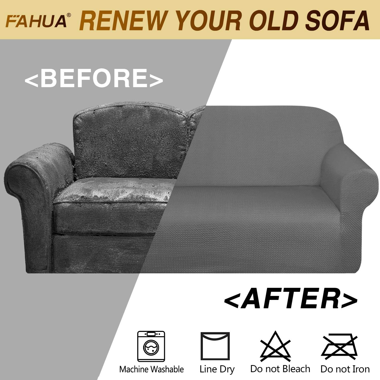 FAHUA Thick Couch Covers for 3 Cushion Couch 1-Piece Stretch Sofa Cover Slipcover Jacquard Non-Slip Furniture Protector for Dogs Pets Kids (Large, Light Gray): Kitchen & Dining